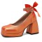 Square Toe Butterfly Knot Chunky Heels Ankle Buckle Cute Straps Low Platforms Pumps - Orange Faux Leather