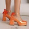Square Toe Butterfly Knot Chunky Heels Ankle Buckle Cute Straps Low Platforms Pumps - Orange Faux Leather