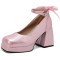 Square Toe Butterfly Knot Chunky Heels Ankle Buckle Cute Straps Low Platforms Pumps - Pink Faux Leather