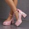 Square Toe Butterfly Knot Chunky Heels Ankle Buckle Cute Straps Low Platforms Pumps - Pink Faux Leather