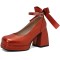 Square Toe Butterfly Knot Chunky Heels Ankle Buckle Cute Straps Low Platforms Pumps - Red Faux Leather