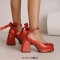 Square Toe Butterfly Knot Chunky Heels Ankle Buckle Cute Straps Low Platforms Pumps - Red Faux Leather