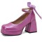 Square Toe Butterfly Knot Chunky Heels Ankle Buckle Cute Straps Low Platforms Pumps - Rose Faux Leather