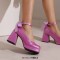 Square Toe Butterfly Knot Chunky Heels Ankle Buckle Cute Straps Low Platforms Pumps - Rose Faux Leather