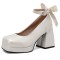 Square Toe Butterfly Knot Chunky Heels Ankle Buckle Cute Straps Low Platforms Pumps - White Faux Leather