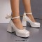 Square Toe Butterfly Knot Chunky Heels Ankle Buckle Cute Straps Low Platforms Pumps - White Faux Leather