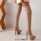 Pointed Toe Stiletto Heels Over The Knees Thigh High Glossy Platforms Boots - Apricot Tan Patent