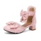 Pointed Toe Ankle Buckle Straps Lace Decorated Chunky Heels Bowknot French Maid Pumps - Pink Faux Leather
