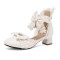 Pointed Toe Ankle Buckle Straps Lace Decorated Chunky Heels Bowknot French Maid Pumps - White Faux Leather