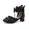 Pointed Toe Ankle Buckle Straps Lace and Beads Decorated Chunky Heels French Maid Pumps - Black Faux Leather