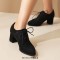 Pointed Toe Lace Up Chunky Heels Loafers - Black Flock