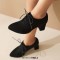 Pointed Toe Lace Up Chunky Heels Loafers - Black Flock
