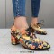 Pointed Toe Lace Up Chunky Heels Loafers - Yellow Fabric