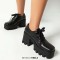 Square Toe Lace Up Platforms Printed Chunky Heels Loafers - Black Faux Leather