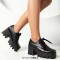 Square Toe Lace Up Platforms Printed Chunky Heels Loafers - Black Faux Leather