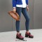 Square Toe Lace Up Platforms Flower Printed Chunky Heels Loafers  - Red Faux Leather