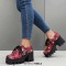 Square Toe Lace Up Platforms Flower Printed Chunky Heels Loafers  - Red Faux Leather