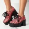 Square Toe Lace Up Platforms Heart Printed Chunky Heels Loafers  - Red Faux Leather
