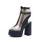 Peep Toe Chunky Heels Transparent Ankle Buckle Straps Double Platforms Sandals Booties - Blue Faux Leather PVC