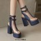 Peep Toe Chunky Heels Transparent Ankle Buckle Straps Double Platforms Sandals Booties - Blue Faux Leather PVC
