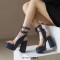 Peep Toe Chunky Heels Transparent Ankle Buckle Straps Double Platforms Sandals Booties - Blue Faux Leather PVC