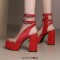 Peep Toe Chunky Heels Transparent Ankle Buckle Straps Double Platforms Sandals Booties - Red Faux Leather PVC