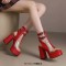 Peep Toe Chunky Heels Transparent Ankle Buckle Straps Double Platforms Sandals Booties - Red Faux Leather PVC