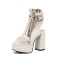 Peep Toe Chunky Heels Transparent Ankle Buckle Straps Double Platforms Sandals Booties - White Faux Leather PVC
