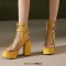 Peep Toe Chunky Heels Transparent Ankle Buckle Straps Double Platforms Sandals Booties - Yellow Faux Leather PVC
