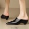 Pointed Metal Toe Kitten Heels Summer Concise Sandals - Black Leather