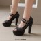 Peep Toe Cuban Heels Mary Janes Double Buckle Straps Platforms Fishnet Pumps - Black Faux Leather