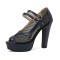 Peep Toe Cuban Heels Mary Janes Double Buckle Straps Platforms Fishnet Pumps - Blue Faux Leather