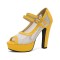 Peep Toe Cuban Heels Mary Janes Double Buckle Straps Platforms Fishnet Pumps - Yellow Faux Leather