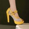 Peep Toe Cuban Heels Mary Janes Double Buckle Straps Platforms Fishnet Pumps - Yellow Faux Leather