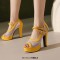 Peep Toe Cuban Heels Mary Janes Double Buckle Straps Platforms Fishnet Pumps - Yellow Faux Leather