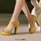 Peep Toe Cuban Heels Mary Janes Double Buckle Straps Platforms Fishnet Pumps - Yellow Faux Leather