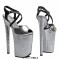Peep Toe Stiletto Heels Snake Print Ankle Cross Straps Platforms Sandals  - Silver Patent