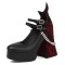 Round Toe Double Buckle Straps Beads Goth Shallow Platforms Chunky Heels Mary Janes Pumps - Black Faux Leather