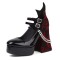 Round Toe Double Buckle Straps Beads Goth Shallow Platforms Chunky Heels Mary Janes Pumps - Black Patent