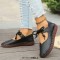 Round Toe Lace Up Ethnic Traditional Stitch Decorated Babette Flats - Black Faux Leather