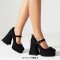 Lace Printed Chunky Heels Lace Up Platforms Mary Janes Gothic Pumps - Black Fabric