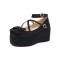 Square Toe Ankle Buckle Straps Bowknot Platforms Wedges Ballets Pumps - Black Satin