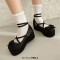 Square Toe Ankle Buckle Straps Bowknot Platforms Wedges Ballets Pumps - Black Satin