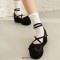 Square Toe Ankle Buckle Straps Bowknot Platforms Wedges Ballets Pumps - Black Satin