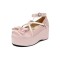 Square Toe Ankle Buckle Straps Bowknot Platforms Wedges Ballets Pumps - Pink Satin