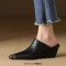 Pointed Metal Toe Wedges Heels Half Slippers Sandals - Black Leather