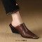 Pointed Metal Toe Wedges Heels Half Slippers Sandals - Brown Leather