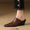Pointed Metal Toe Wedges Heels Half Slippers Sandals - Brown Leather