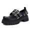 Round Toe Brogues Buckle Strap Metal Gothic Loafers  - Black Faux Leather