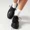 Round Toe Buckle Rivet Decorated Lace Up College Gothic Punk Loafers  - Black Faux Leather